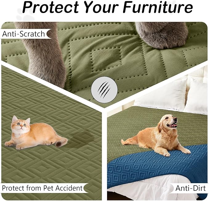 hyha Waterproof Dog Blanket, Soft Dog Bed Cover Pet Blankets, Waterproof Sofa Couch Cover for Dogs Washable, Reversible Pet Couch Covers for Sofa Furniture (82x120 Inch, Green/Navy Blue)