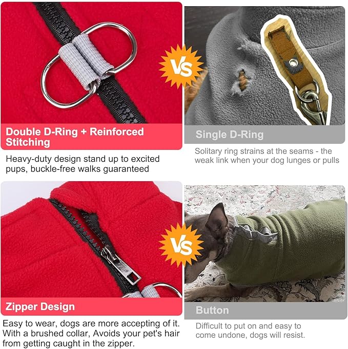BEAUTYZOO Dog Fleece Vest Sweater Winter Jacket Zip Up Warm Pullover Step-in Dog Clothes with D-Ring Leash Cold Weater Reflective Coat Hoodie for for XS S M Dogs Puppy Cat Boy or Girl, Red Medium