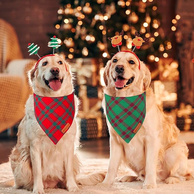 ADOGGYGO Christmas Dog Bandanas 2 Pack, Red Green Plaid Pet Xmas Scarf Bib, Multiple Sizes, Christmas Bandanas for Large and Extra Large Dogs (X-Large)