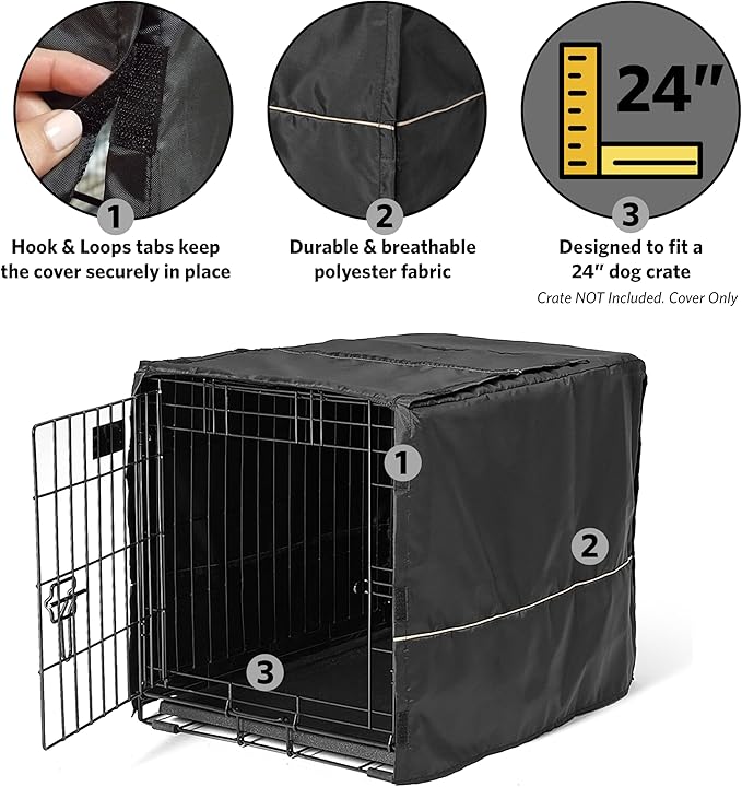 MidWest Homes for Pets Small Dog Crate Cover, Black Polyester Privacy Kennel Cover Fits Most 24-inch Crates, Machine Washable, Reduces Barking & Chewing
