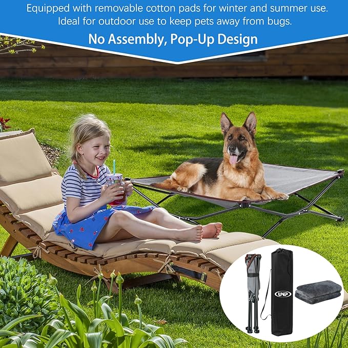 unp Raised Outdoor Dog Bed - 19 x 19 x 10 inch Dog Bed Folding, Washable Plush Cover & Carrying Bag - Cooling Elevated Pet Cot for Dachshund, Chihuahua... (Grey, S)