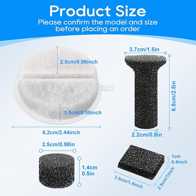 12 Set Cat Water Fountain Filter Replacement - Compatible With 84oz/2.5L Automatic Pet Fountain for Dogs (Includes 18 Foam/Sponge Mufflers)