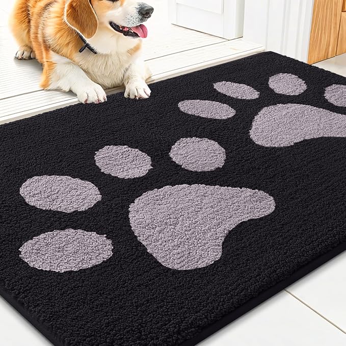Smiry Dog Door Mat for Muddy Paws 30x20, Dirt Trapper Non Slip Washable Indoor Doormats, Absorbent Entryway Carpet for Inside Floor, Black and Grey