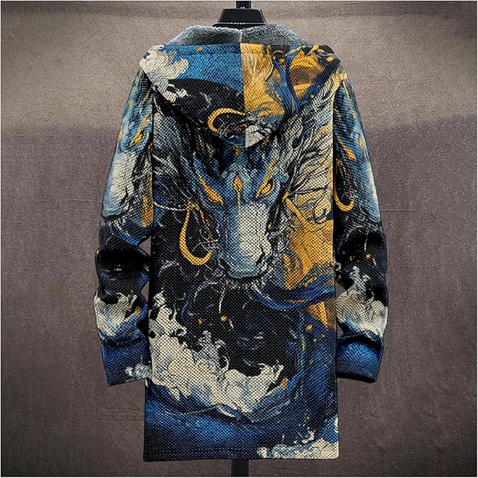 MARSVOVO Cool Hippie Long Cardigan Hoodies for Men Zipper Fleece Lined Knit Coat Skull Animal Print Graphic Jackets