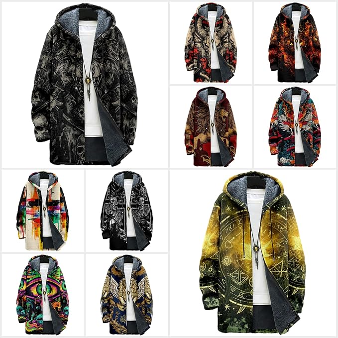 MARSVOVO Cool Hippie Long Cardigan Hoodies for Men Zipper Fleece Lined Knit Coat Skull Animal Print Graphic Jackets