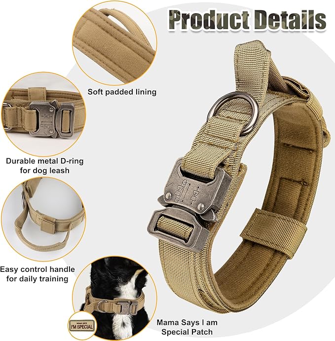 KCUCOP Tactical Dog Collar with Handle,Adjustable Military Dog Collar with Metal Buckle and Patches,Heavy Duty Dog Collars for Medium Dogs (Brown-M)