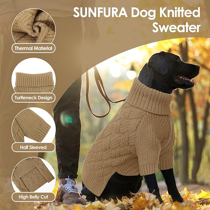SUNFURA Dog Sweater, Medium Dog Sweaters Doggie Pullover for Fall Winter, Fleece Pet Christmas Sweaters for Holiday, Warm Turtleneck Knitwear for French Bulldog, Boston Terrier, Camel M