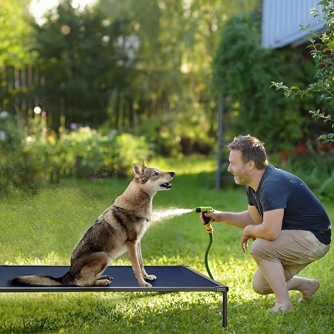 Veehoo Chewproof Elevated Dog Bed - Cooling Raised Pet Cot, Breathable Mesh, Washable & Non-Slip for Large Dogs, Indoor/Outdoor, Blue Mat and Black Frame, 49x33inches (Model CWC2203A03)