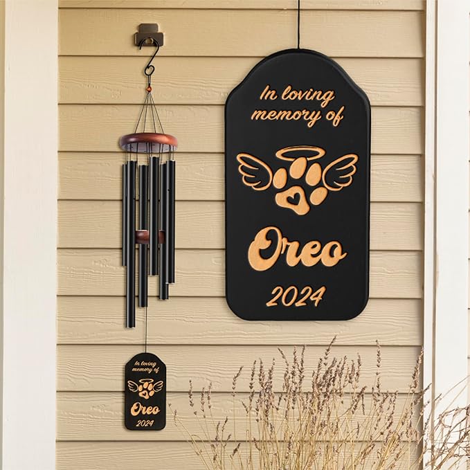Personalized Dog Memorial Gifts for Loss of Dog Wind Chime w/Name & Date, in Loving Memory - Sympathy Gifts - 37" Custom Engraved Pet Memorial Wind Chime Gift - Black Color, D1