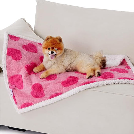 LE SURE Waterproof Puppy Blanket for Small Dogs - Washable Double Sided Dog Blankets with Warm Jacquard Shag and Soft Sherpa Fleece, Pet Cat Blanket for Couch Protection, Love Pattern Design，Pink