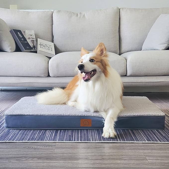 Orthopedic Dog Bed for Large Dogs - Big Waterproof Dog Crate Bed with Removable Washable Cover, Egg Crate Foam Support, Anti-Slip Bottom, Deluxe Plush Pet Bed Mat (Grey)