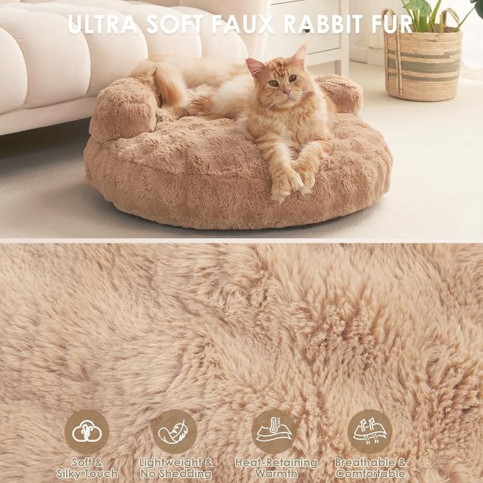 EHEYCIGA Small Dog Bed and Cat Couch for Puppy and Kitten - Fluffy Faux Rabbit Fur Pet Sofa with Washable Removable Cover, Waterproof and Non-Slip, 23 Inch, Camel