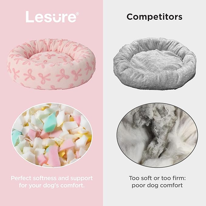 LE SURE Donut Small Dog Bed - Round Cat Beds for Indoor Cats, Washable Calming Pet Beds with Teddy Sherpa Plush & Anti Slip Bottom (Bow Pink Taffy, S Plus (27x27x8))