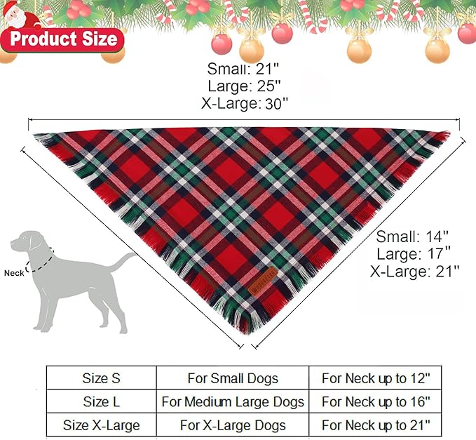 ADOGGYGO Christmas Dog Bandanas with Tassels, Festive Red Green Plaid Xmas Puppy Scarf Bib, Soft Cotton Fabric, Pet Christmas Bandanas for Small Dogs (Small)