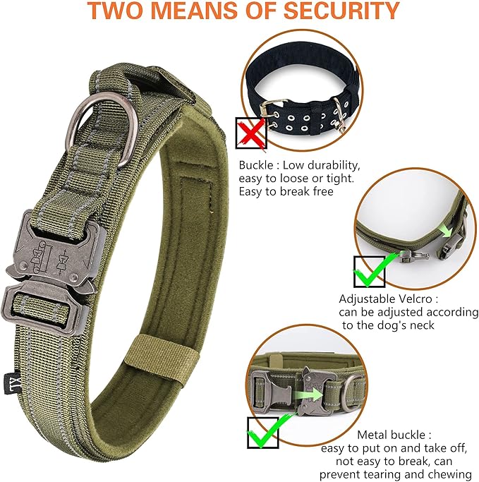 KCUCOP Tactical Dog Collar for Medium & Large Dogs - Military Nylon Heavy Duty Collar with Handle, Reflective Strip & Metal Buckle for Training, Outdoor (Green Reflective, Large)