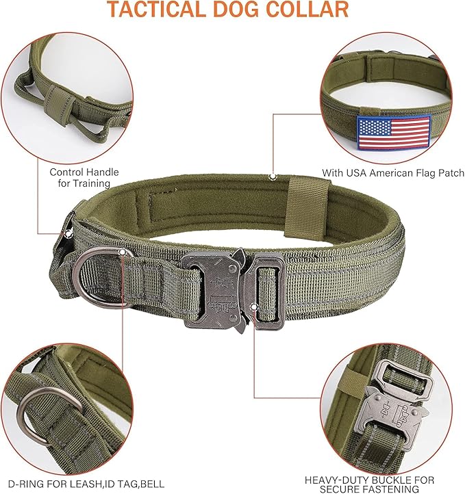 KCUCOP Heavy Duty Tactical Dog Collar and Leash Set, Military Training Nylon Reflective Collar with Handle Metal Buckle for Medium Large Dogs, Green, L (1 Patch Included)