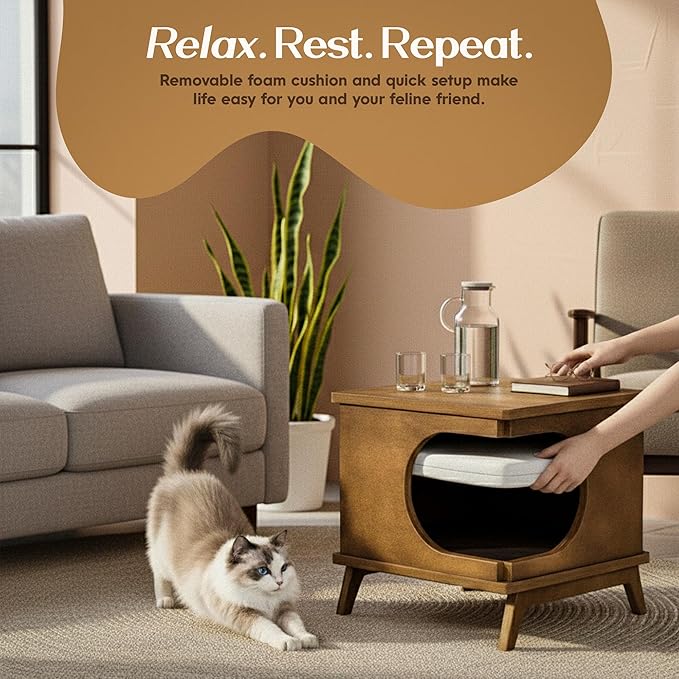 Modern Wooden Cat Bed End Table for Indoor Cats – 15.7"x15.3"x15.7" Cat House Side Table with Cushion – Stylish Nightstand Cat Condo for Bedroom or Living Room – Compact Pet Hideaway Furniture
