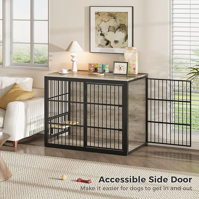 Lyromix 48'' XXL Dog Crate Furniture with Rotating Feeder, Large Wooden Crate End Table, Heavy Duty Indoor Kennel Cage for Medium to Large Dogs, Grey