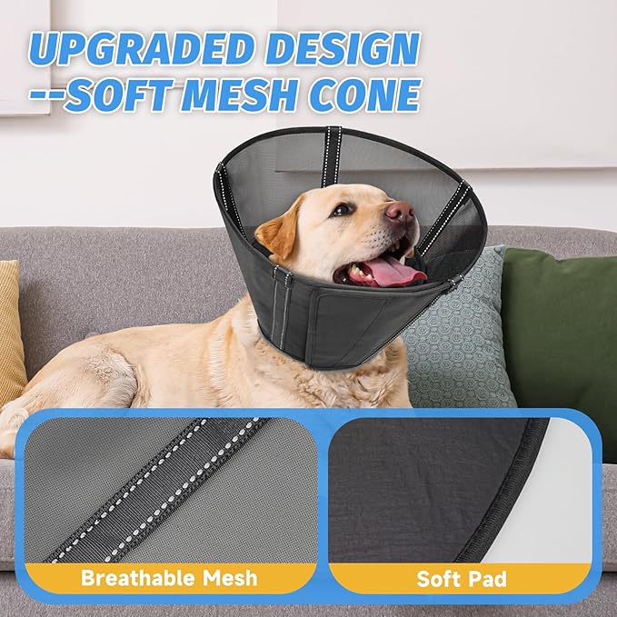 Dog Cone Collar to Stop Licking: Soft Mesh Recovery Collar After Surgery with Detachable Pad, Elizabeth Cone Alternative for Large Medium, Small Dogs, Normal Eating and Drinking (M, Black Mesh)