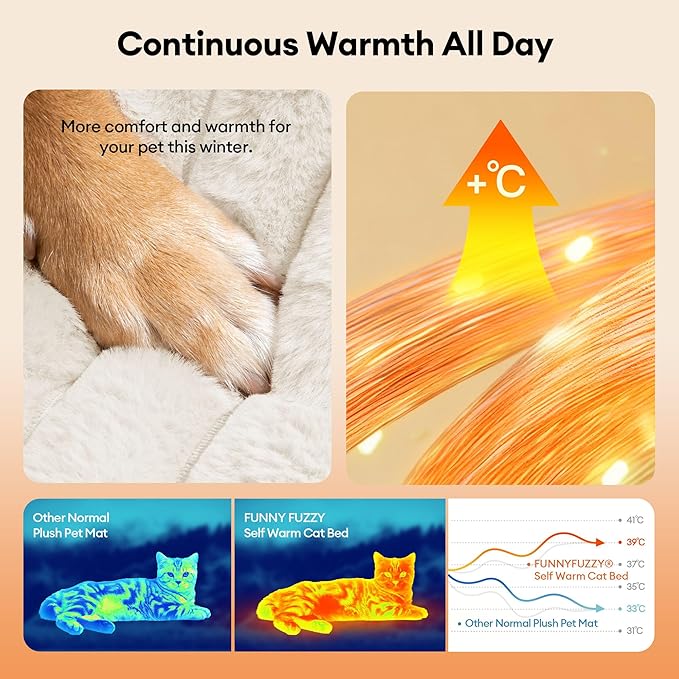 FUNNY FUZZY Self Warming Dog Bed, Waterproof Corduroy Fleece Warm Self Heating Pad for Cat & Dogs, Non-Skid Thermal Pet Mat Indoor with Removable Washable Cover - ThermoPad, 39.4"×29.5", Cream White
