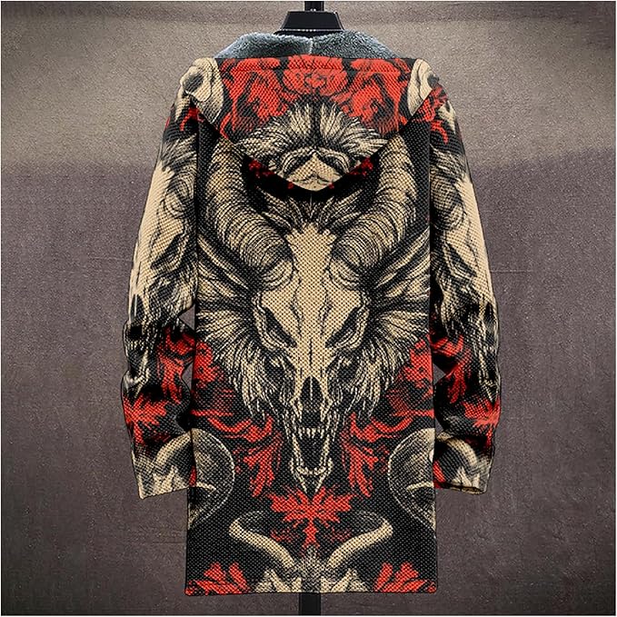 MARSVOVO Cool Hippie Long Cardigan Hoodies for Men Zipper Fleece Lined Knit Coat Skull Animal Print Graphic Jackets