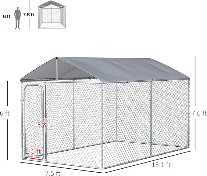 PawHut Outdoor Dog Kennel, Heavy Duty Dog Run Outdoor Fence with Waterproof Cover, Galvanized Chain Link, Secure Lock, 13' x 7.5' x 7.5'