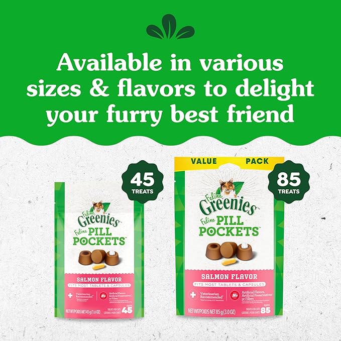 Greenies Feline Pill Pockets for Cats Soft Cat Treats, Salmon Flavor, 3 oz. Pouch, 85 Count