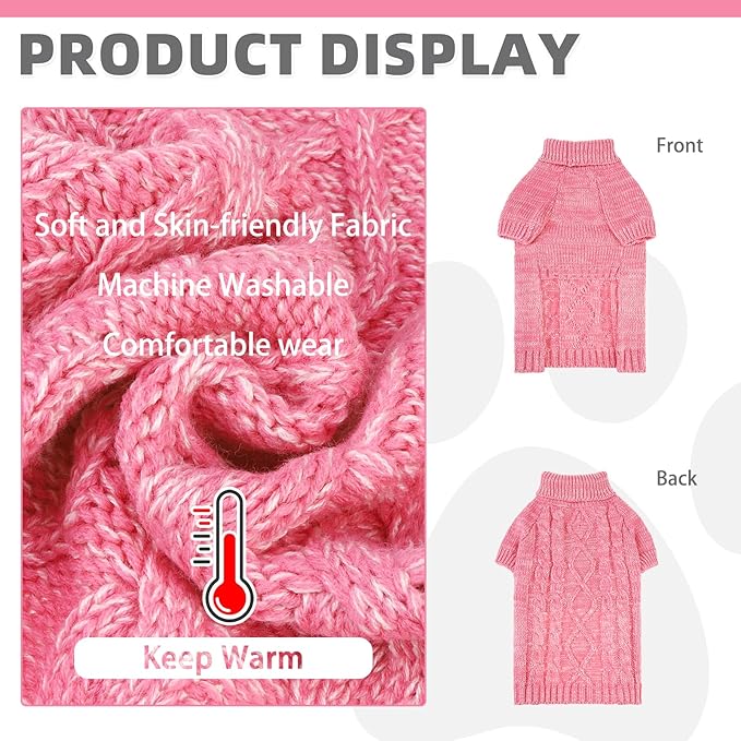 KOOLTAIL Dog Sweater for Large Medium Small Dogs, Fall Dog Sweaters, Turtleneck Cable Knitwear Pet Cold Weather Coats with Leash Hole, Warm Winter Pullover Clothes for Bulldog, Yorkie,Boy Girl, Pink M