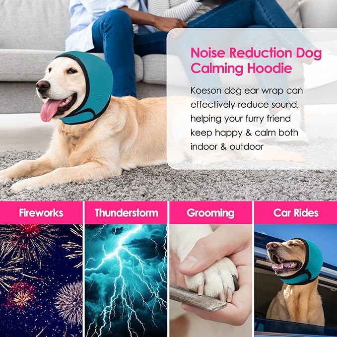 KOESON Dog Calming Hoodie - No Shake Ear Wraps for Dogs, Anxiety Relief & Noise Protection, Water Resistant Pet Ear Cover Muffs for Firework, Grooming, Thunderstorms, Swimming, Bathing, Turquoise M