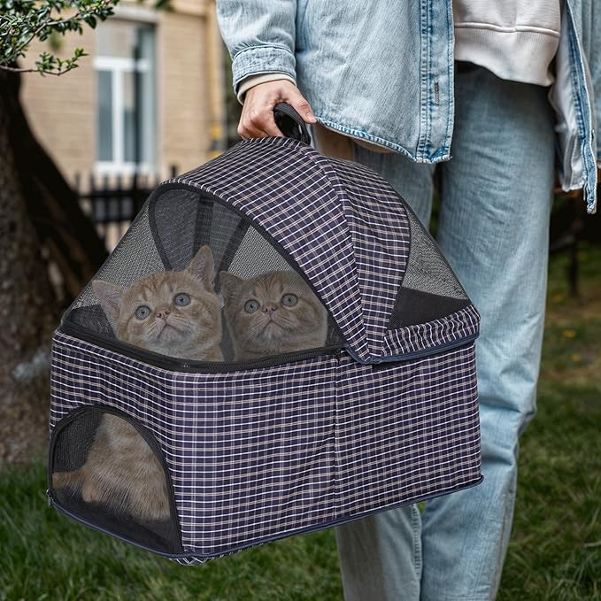 MoNiBloom 3 in 1 Foldable Pet Stroller for Small & Medium Dogs, Detachable Carrier, Car Seat, Push Button Entry, 4-Wheel Jogger for Pets up to 33 lbs, Plaid