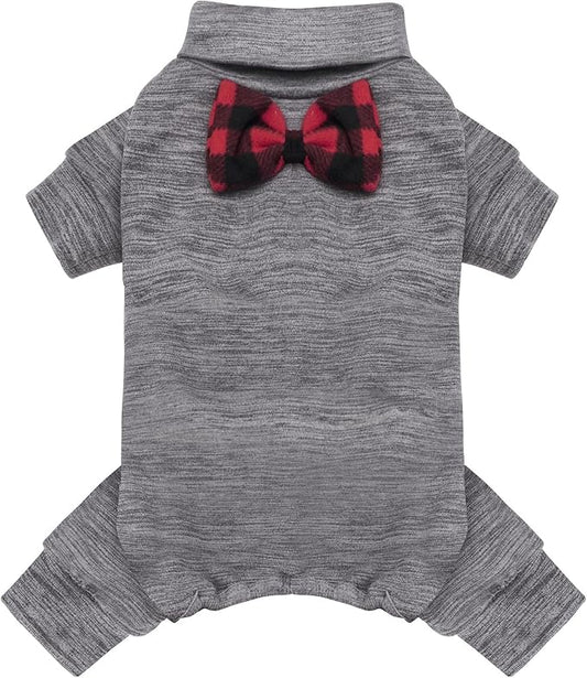 KYEESE Dog Pajamas for Small Dogs Turtleneck Stretchy Pet Pjs Dogs Sweater Super Soft Warm Material Pet Coats with Bowtie Dog Onesie Puppy Pajamas, Grey,XS