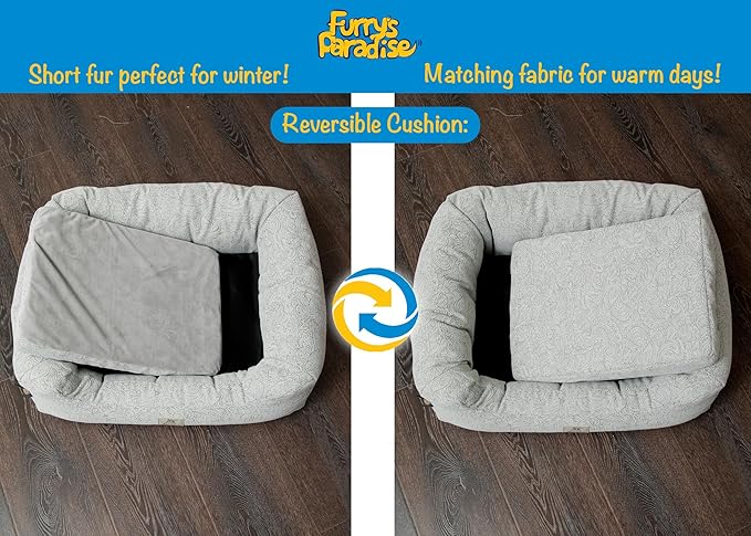 Furry's Paradise Foam Cuddler Pet Bed with Waterproof Liners, Reversible Cushion, Washable Cover, Recycled Fibers and Non-Slip Bottom. (Gray Paisley, Orthopedic Large)