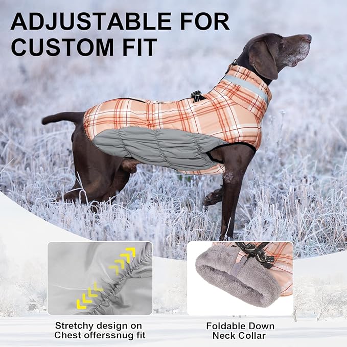 BEAUTYZOO Dog Winter Coat with Harness Built in, Reflective Plaid Puffer Vest Waterproof for Small Dogs, Fleece Warm Puppy Zipped Jacket with D Ring, Pet Cold Weather Sweater Clothes, Brown S