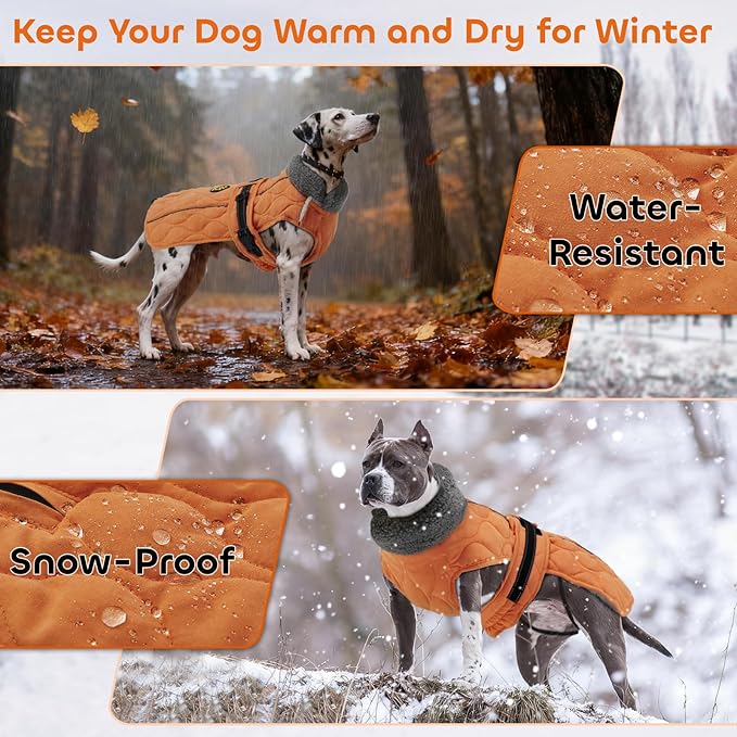 Dog Winter Coat, Adjustable Quilted Dog Snow Jacket with Fleece Lining, Water Resistant Pet Apparel for Cold Weather, Warm Large Doggie Coat with Leash Hole and Reflective Strip, NewOrange L