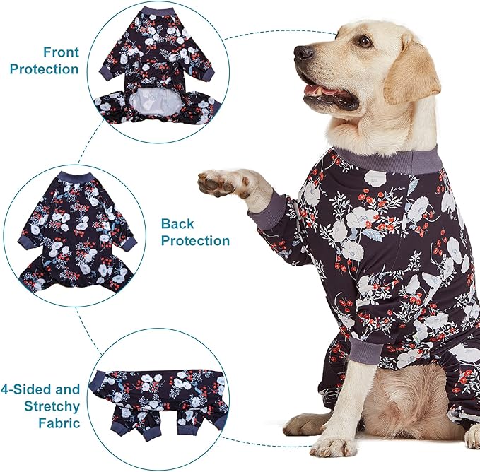 LovinPet Medium/Big Breeds Large Dog Pajamas, Anti Licking, Wound Care/Post Surgery Dogs Pajamas, Lightweight Stretchy Fabric, Beautiful Bouquets Black Print Large Dog Onesies, Pet PJ's/Medium