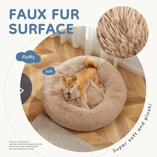 DUMOS 24x24 Inch Calming Donut Dog Beds for Medium Dogs, Machine Washable Cuddler Warming Cozy Fluffy Faux Fur Plush Round Pet Bed, Anti-Slip Bed for Indoor Dogs and Cats, Brown