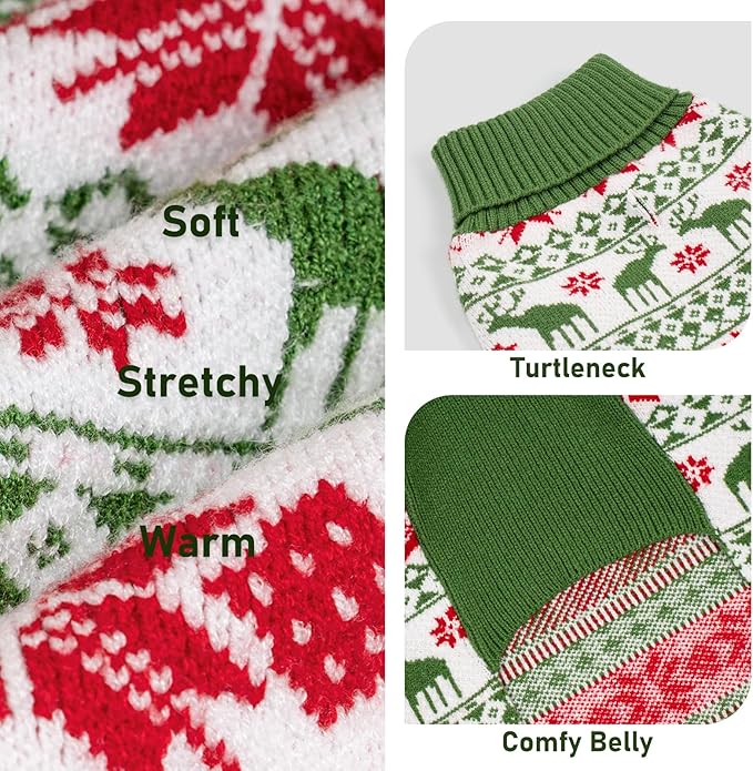 KYEESE Dog Christmas Sweater, Cozy Turtleneck Dog Sweater for Small Dogs Boy Girl with Snowflake & Reindeer Pattern, Soft Knit Holiday Outfit with Leash Hole, Winter Pet Clothes, Small