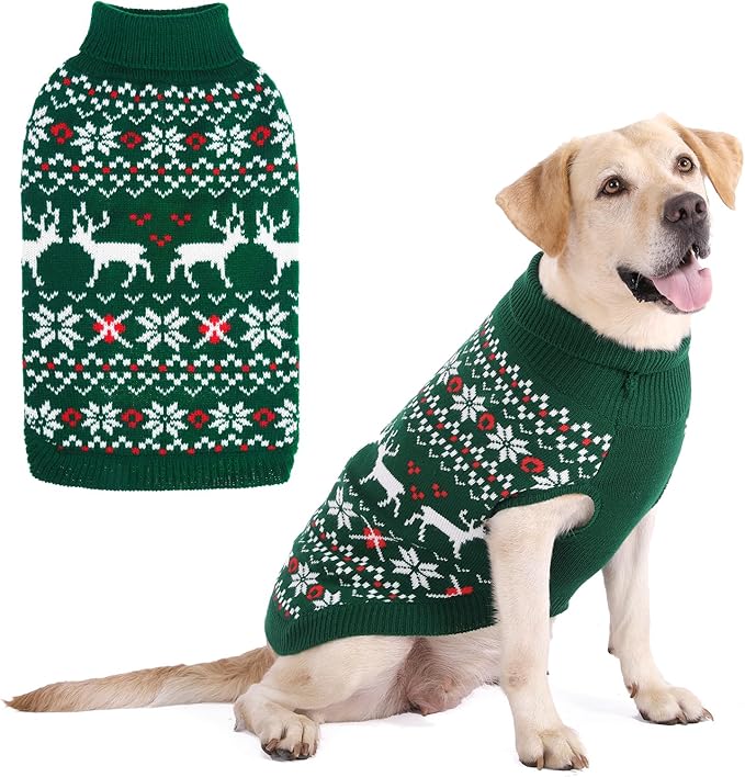 KOOLTAIL Christmas Dog Sweater, Cold Weather Pullover Classic Knitwear, Reindeer Snowflake Pattern Thick Warm Winter Pet Clothes, Cable Knit Sweaters for Small Medium Large Dogs Boy Girl, Green M