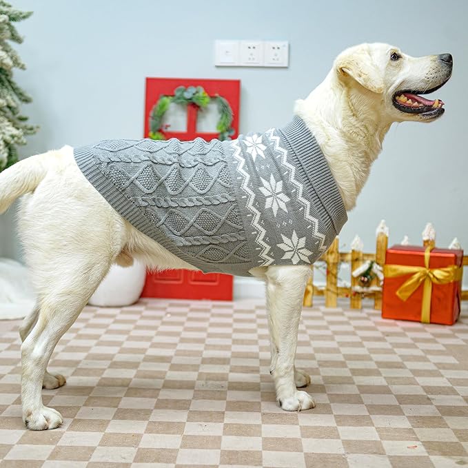 Warm Winter Dog Sweater - Cold Weather Pet Clothes for Small Medium Large Dogs Indoor Outdoor, Soft Classic Knit Puppy Apparel, Grey, L
