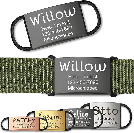 Anavia Slide On Silent Pet ID Tags, S/M/L/XL Personalized Stainless Steel Cat Dog Tag with Elastic Fabric Band, Engraved Nameplate Quiet Chew-Proof Pet Collar Tag (Black, Large)