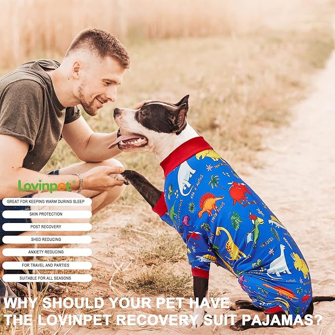 LovinPet Pitbull Large Dog Clothes, Wound Care/Post Surgery Dog Clothes, Lost World Dinosaurs Print, UV Protection, Pet Anxiety Relief, Large Dog Onesies, Pet PJ's /3XL
