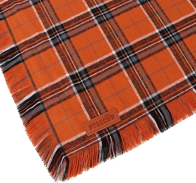 PTDECOR Fall Dog Bandanas with Tassels Edges, Orange and Brown Plaid Scarf Bib, Halloween Thanksgiving Autumn Pet Bandana, Reversible Triangle Bandanas for Small Dogs Puppies Cats(Small)