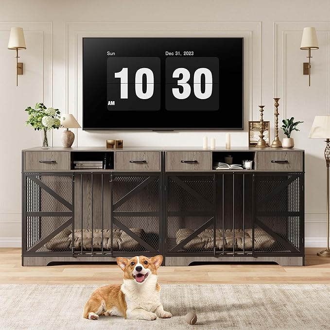 44" Large Dog Crate Furniture Set of 2, Wooden Heavy Duty Dog Kennel TV Stand with Storage Drawers, Decorative Indoor Pet Crate for Medium & Large Dogs, Grey
