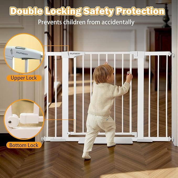 Mumeasy Baby Gate for Stairs - 29.6-46" Auto Close Dog Gate for Doorways, Extra Wide Child Gate Indoor, Walking Through Safety Gate for Kid, Pet Gates No Drilling White, Mom's Choice Awards Winner