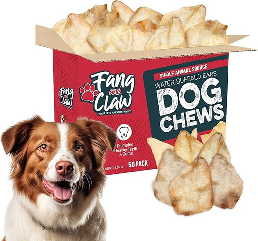 Fang & Claw 50 Count Water Buffalo Ears for Dogs – 100% Natural, Single-Ingredient, Long-Lasting Rawhide Alternative, Grain-Free