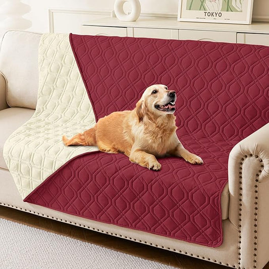 hyha Waterproof Dog Bed Blanket, Soft Pet Blankets, Waterproof Couch Cover for Dogs, Reversible Sofa Covers Washable for Furniture (68x82 Inch, Wine Red/Beige)