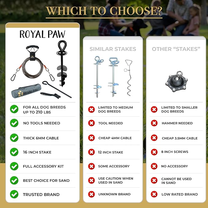ROYAL PAW Dog Tie Out Cable and Stake 30ft - for Large Dogs up to 300 lbs - Heavy Duty Tether and Dog Stake for Yard, Beach & Camping Outside (Black, L/XL - 30ft)