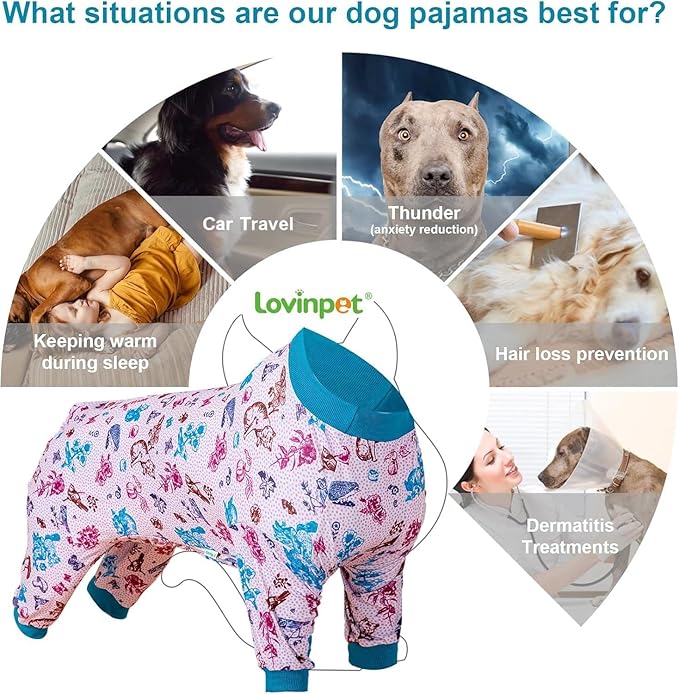 LovinPet Dog Pajamas Bodysuit for Giant Dogs, Pet Anxiety CalmingShirt, Lightweight Post Surgery Dog Pajamas, Garden Print, Pitbull Clothes, 4 Legged Style Pullover Dog Onesie, Medium