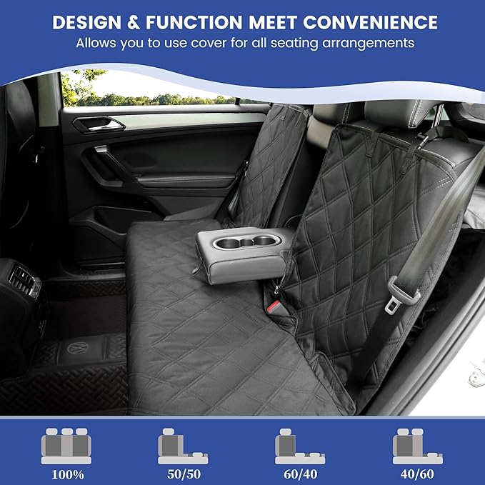 Back Seat Cover for Compact Cars/SUVs Rear Split Bench - 900D Oxford Waterproof Non-Slip Car Seat Protector for Messy Dogs & Kids, Easy Clean(Black)