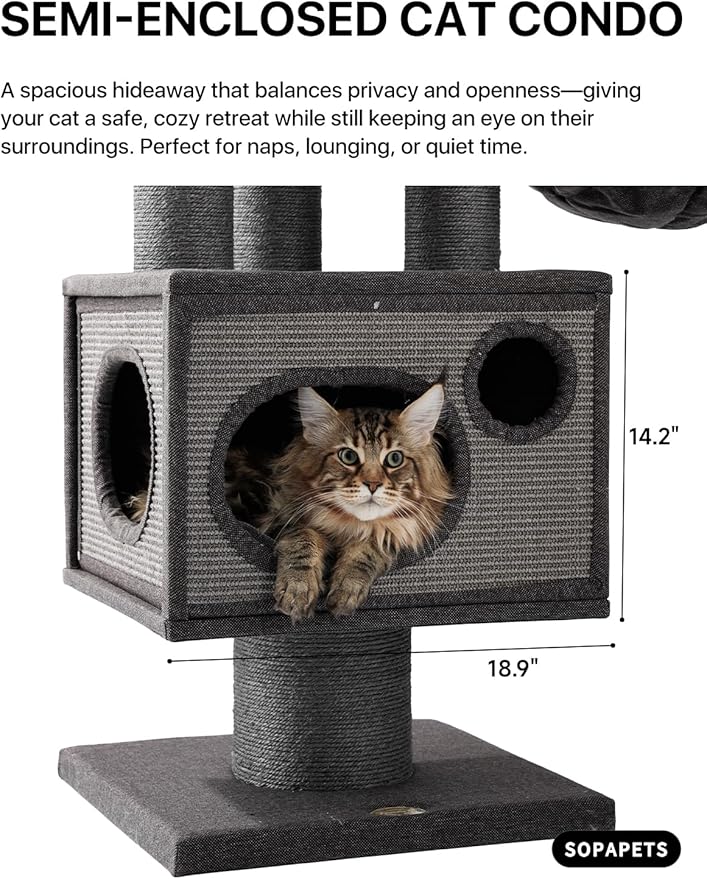 Maine Coon Cat Tree for Indoor Cats Large Adult,Modern Cat Tower for Extra Large Cats 20 lbs+,Heavy Duty Cat Tree with Sisal Scrathing Post,Hammock,Perch,Condo,Bed (Black)